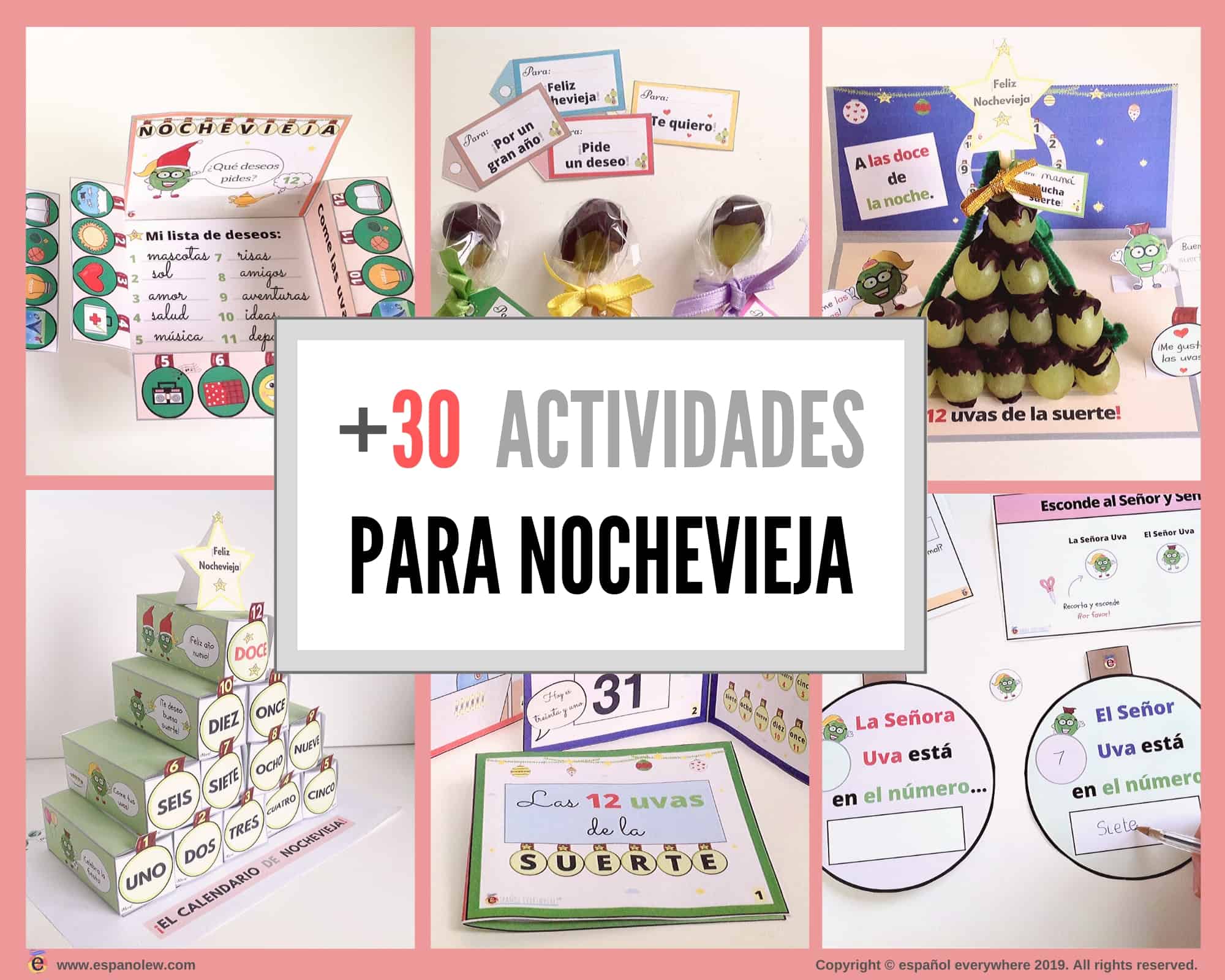 Tradiciones de Nochevieja. Actividades y manualidades para Fin de Año con niños. 12 uvas de la suerte. Actividades, manualidades y juegos para la clase de español. Calendario de Nochevieja. Spanish New Year tradition. La nochevieja food