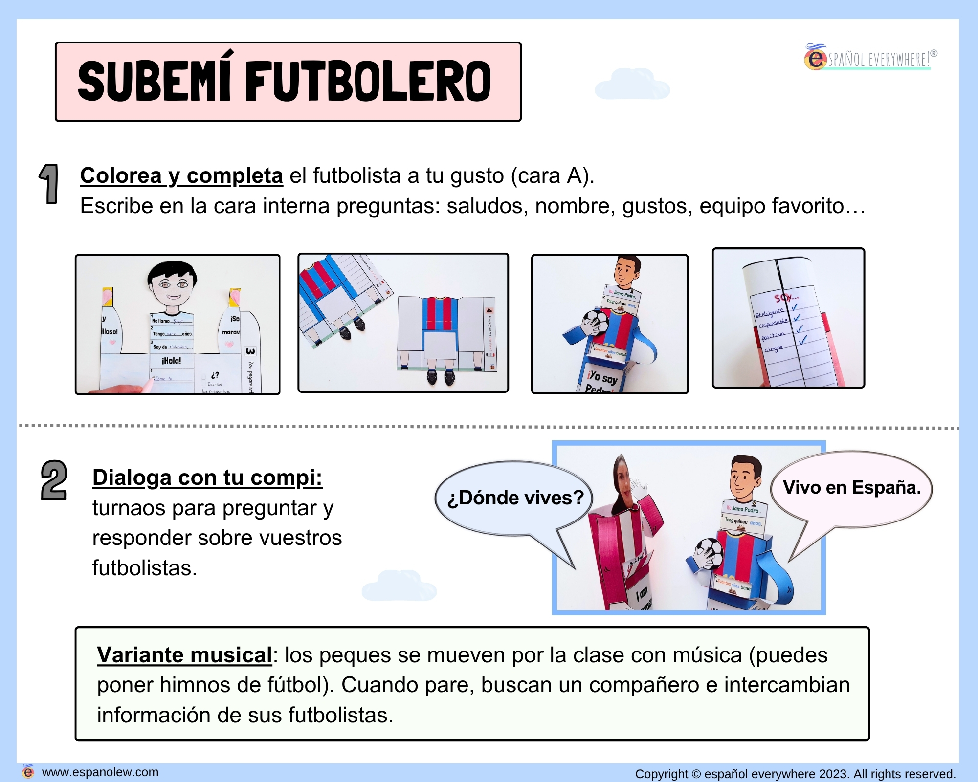 Materiales de fútbol para la clase de español ELE en Primaria Expresión oral, vocabulario, gramática, conjugación de verbos, países hispanohablantes, Mundial y actividades manipulativas (142)