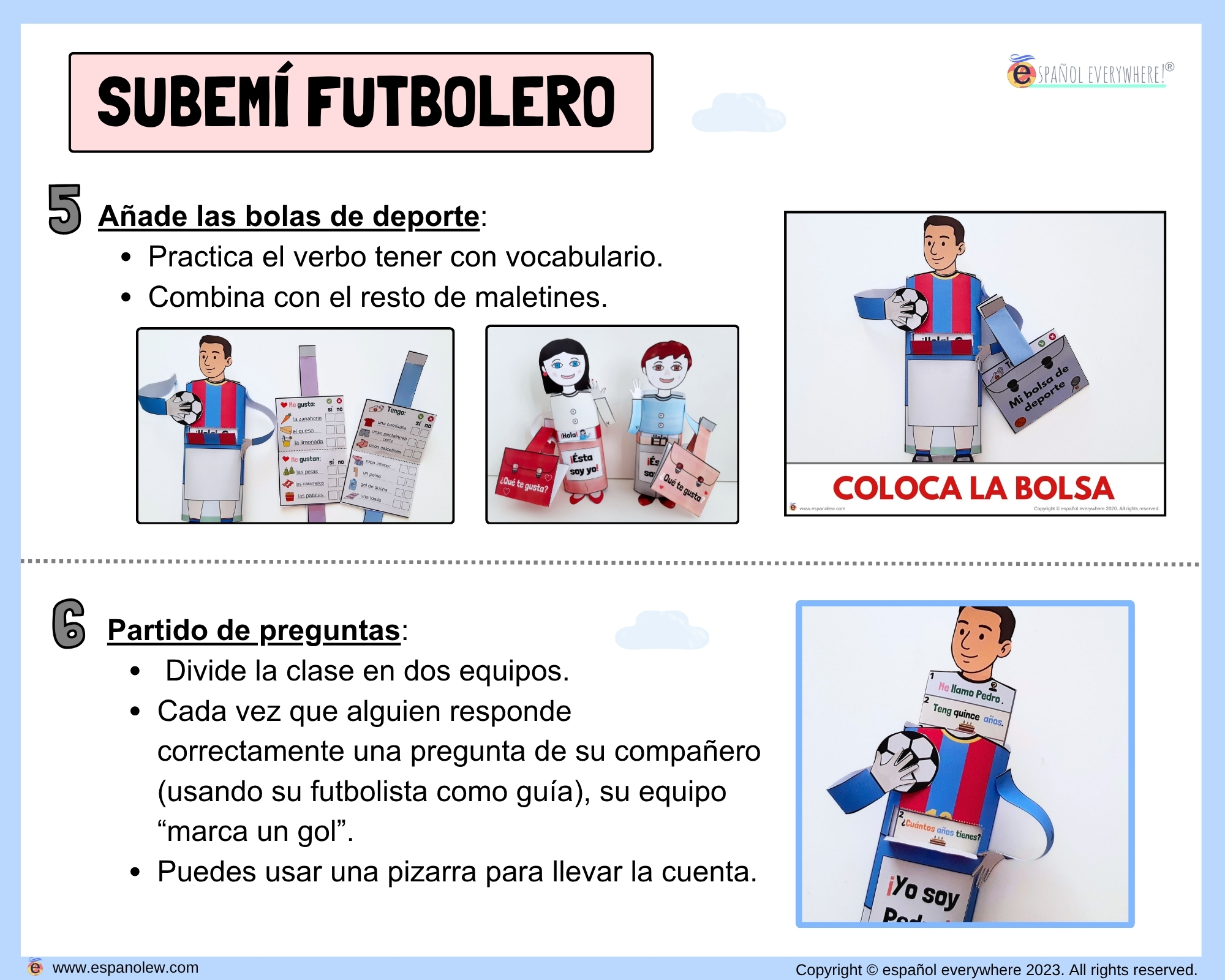 Materiales de fútbol para la clase de español ELE en Primaria Expresión oral, vocabulario, gramática, conjugación de verbos, países hispanohablantes, Mundial y actividades manipulativas (144)