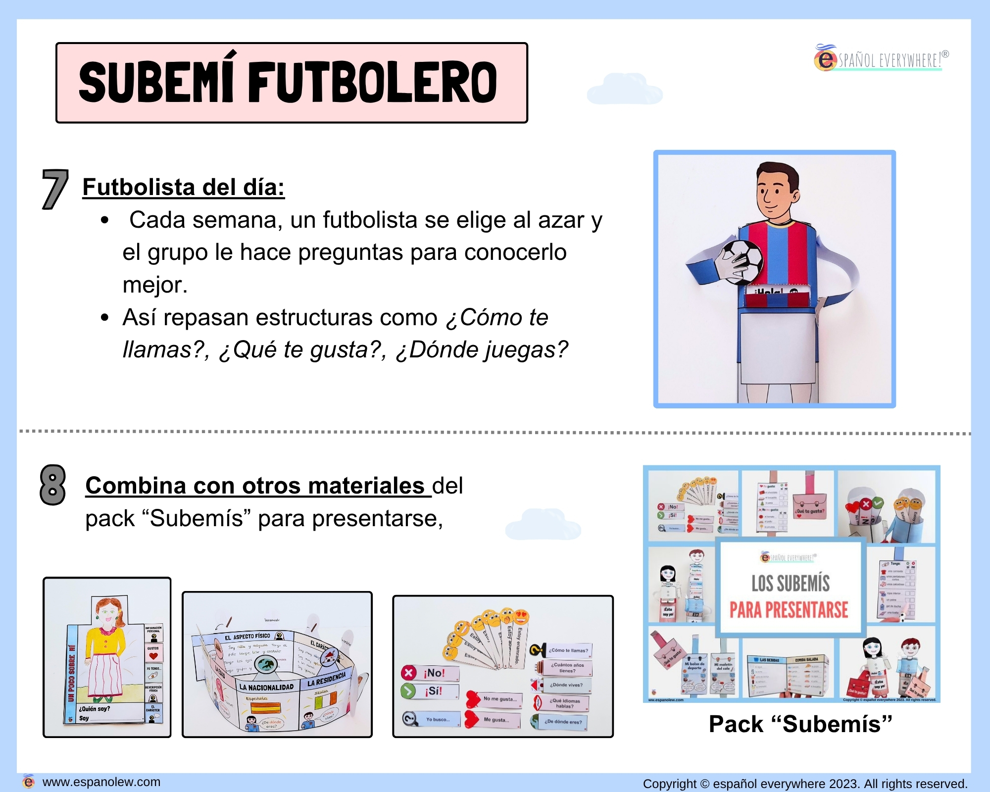 Materiales de fútbol para la clase de español ELE en Primaria Expresión oral, vocabulario, gramática, conjugación de verbos, países hispanohablantes, Mundial y actividades manipulativas (145)
