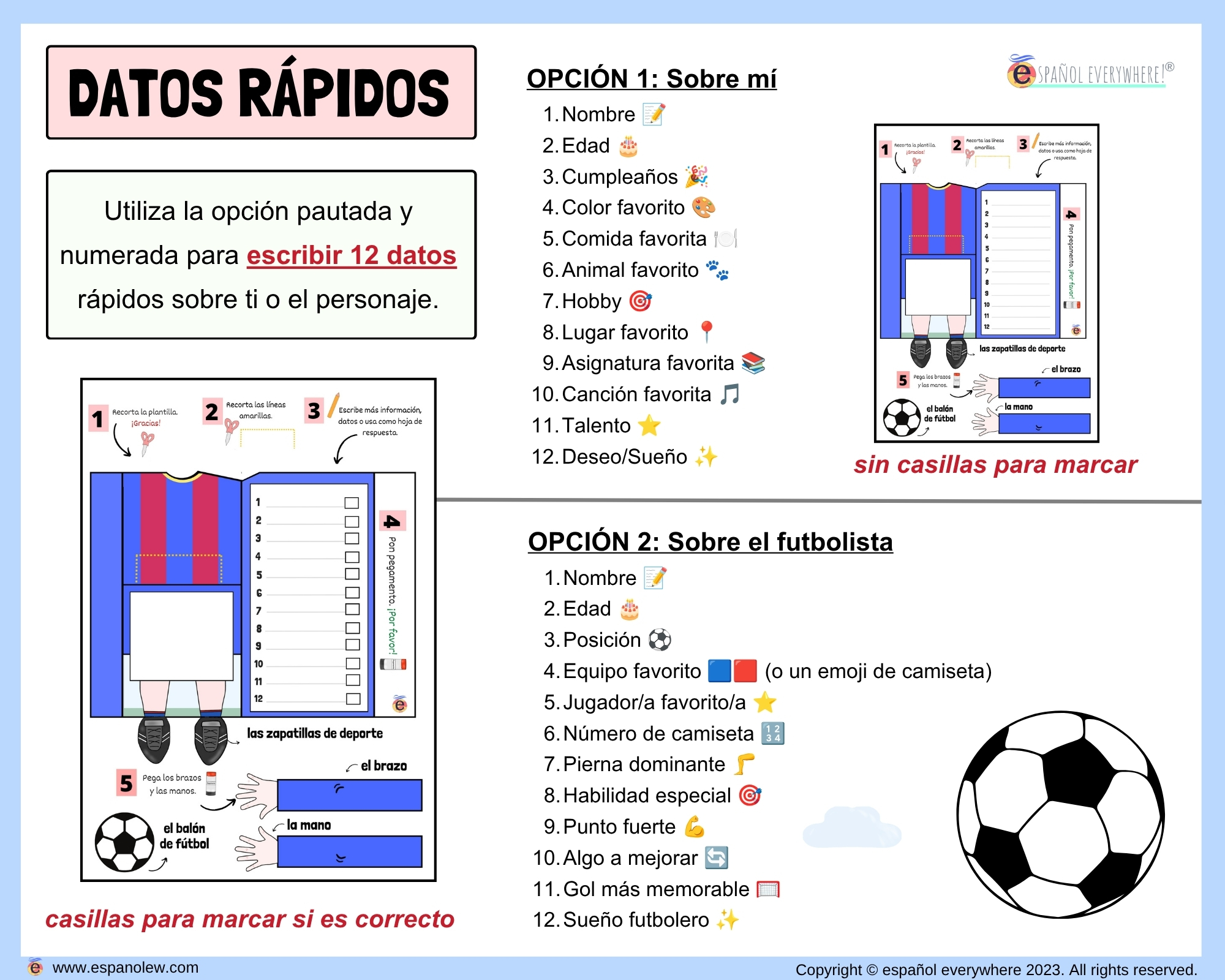 Materiales de fútbol para la clase de español ELE en Primaria Expresión oral, vocabulario, gramática, conjugación de verbos, países hispanohablantes, Mundial y actividades manipulativas (149)