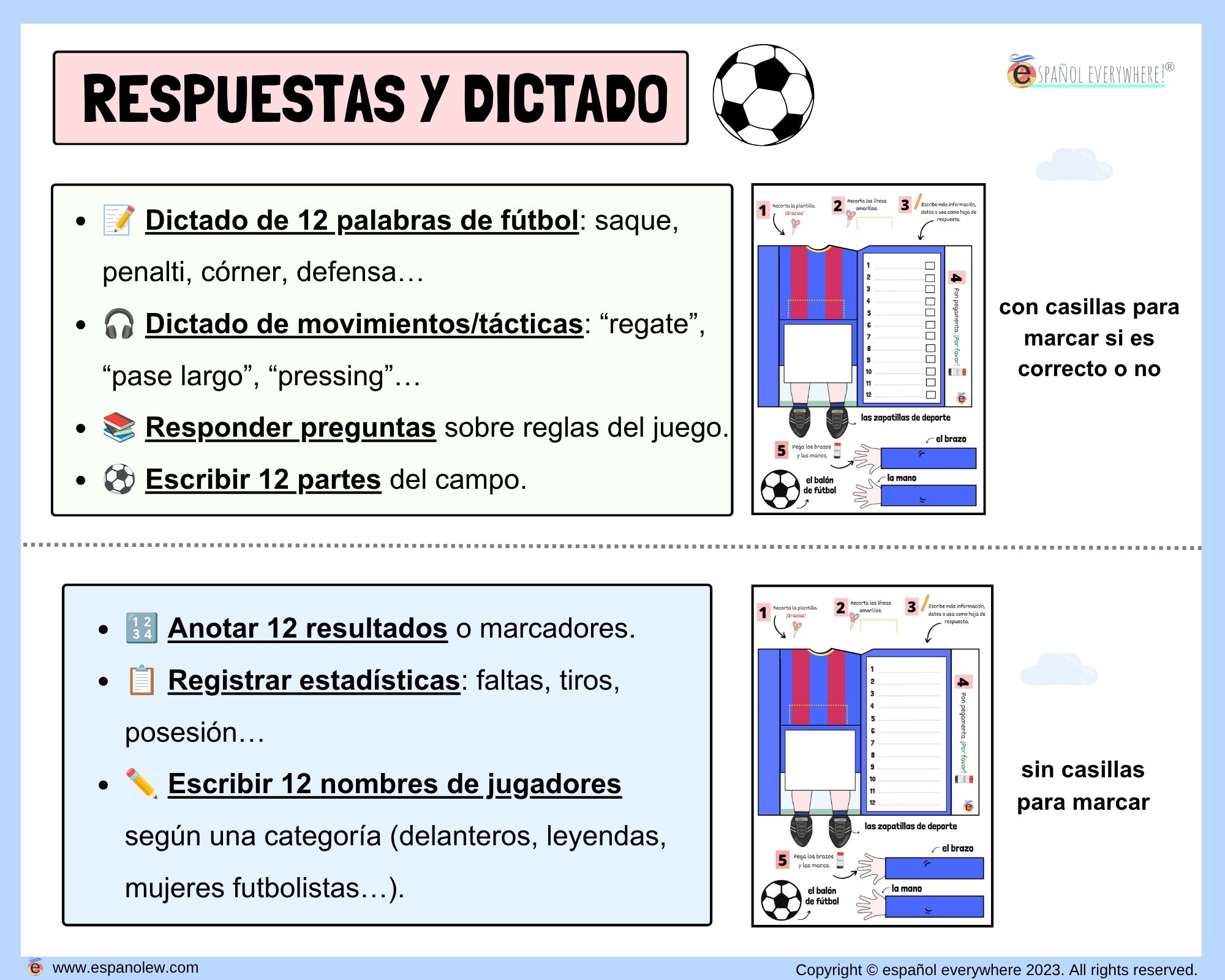 Materiales de fútbol para la clase de español ELE en Primaria Expresión oral, vocabulario, gramática, conjugación de verbos, países hispanohablantes, Mundial y actividades manipulativas (150)