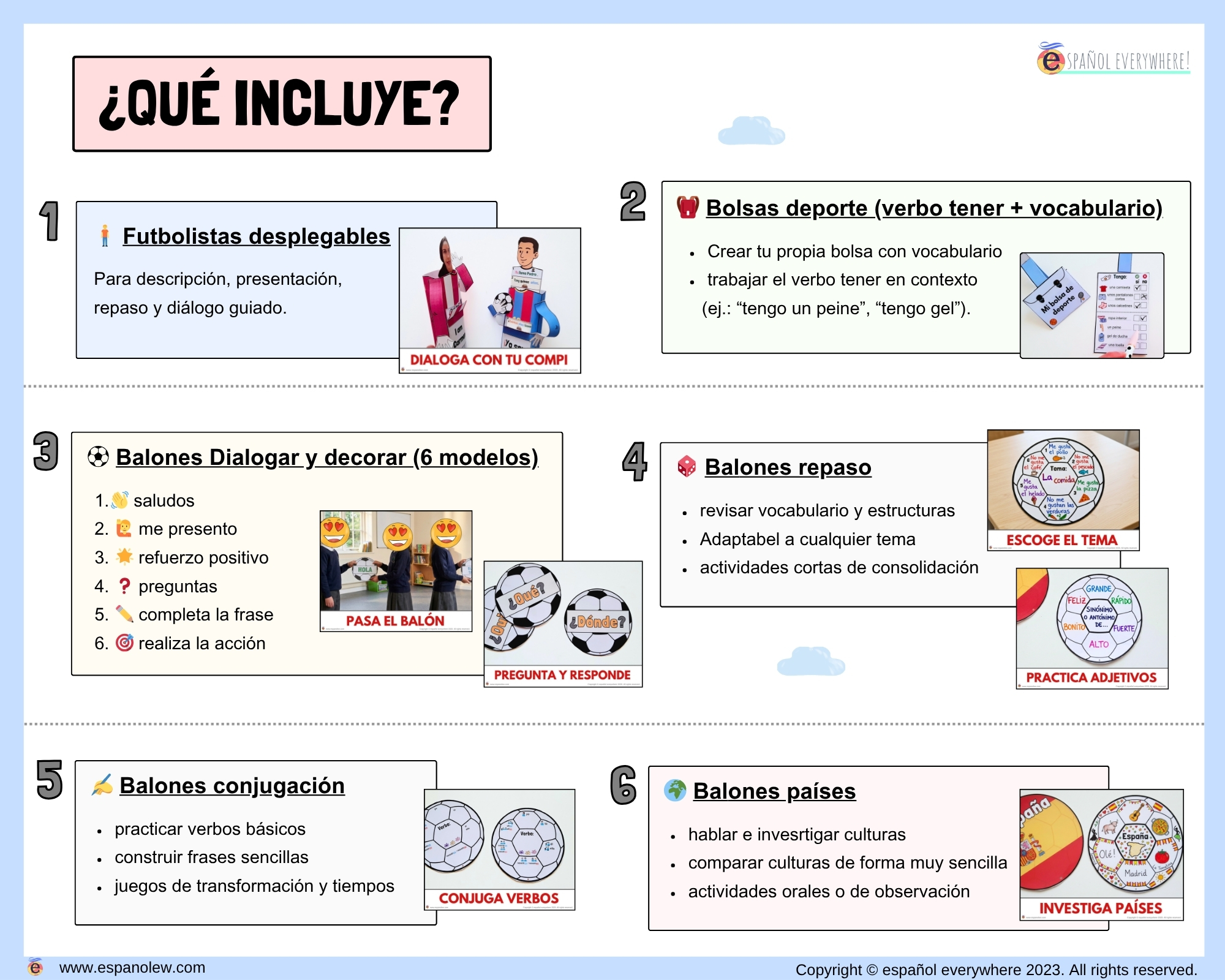 Materiales de fútbol para la clase de español ELE en Primaria Expresión oral, vocabulario, gramática, conjugación de verbos, países hispanohablantes, Mundial y actividades manipulativas (2)