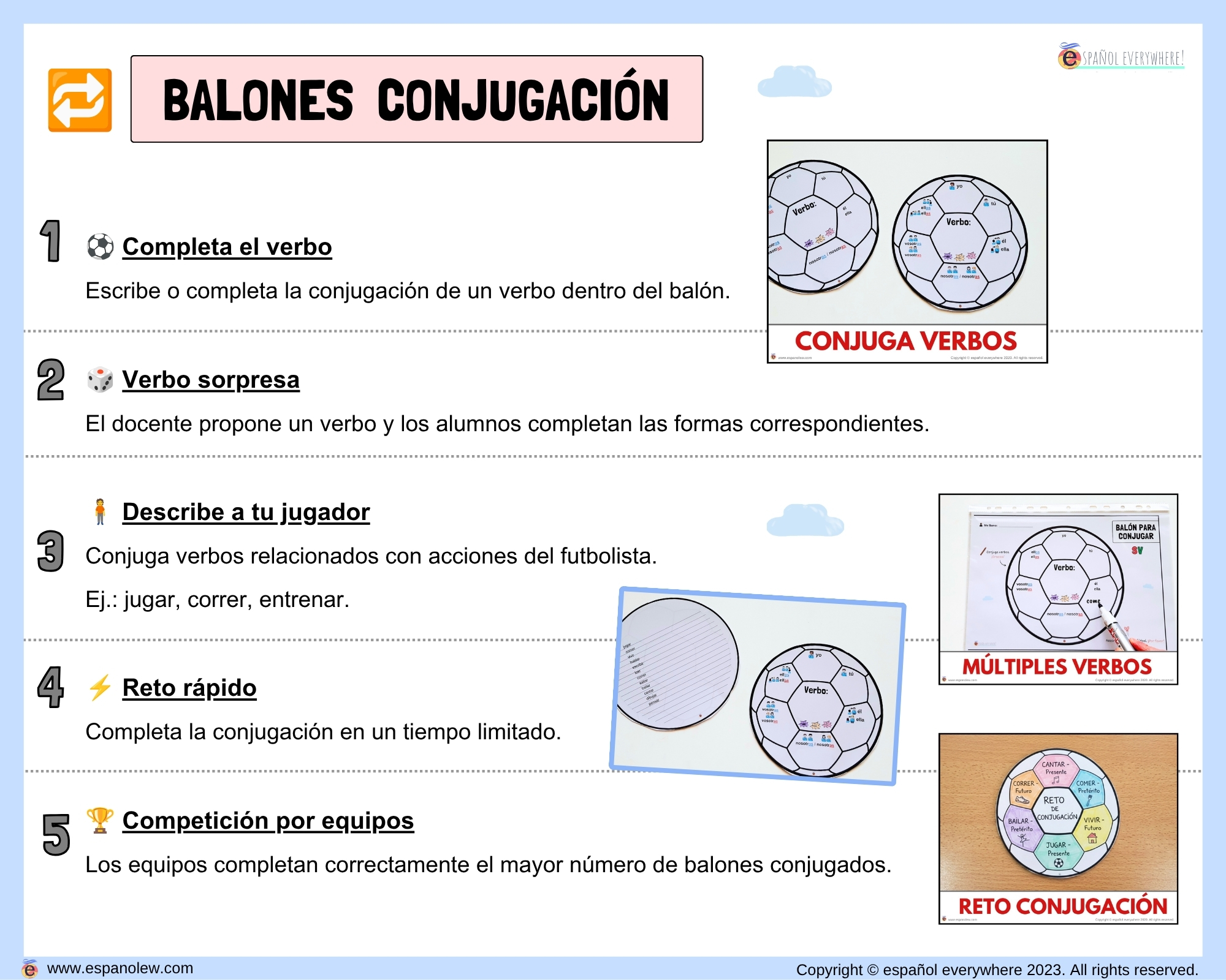 Materiales de fútbol para la clase de español ELE en Primaria Expresión oral, vocabulario, gramática, conjugación de verbos, países hispanohablantes, Mundial y actividades manipulativas (24)
